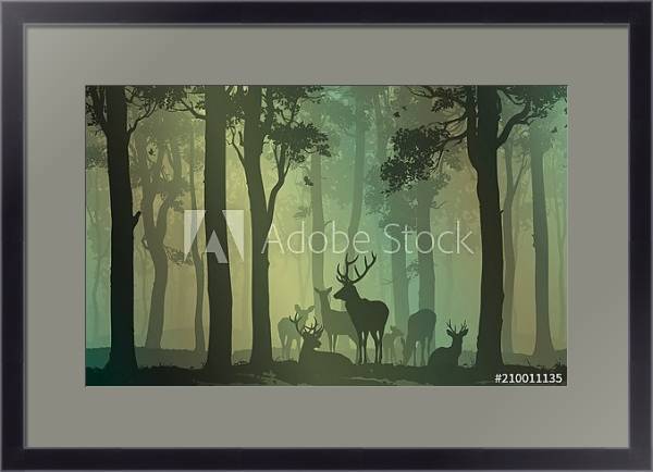Постер Силуэты оленей в зеленом лесу с типом исполнения Под стеклом в багетной раме 221-01