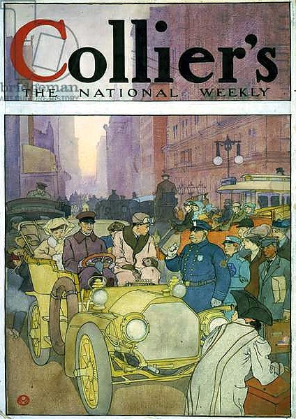 Постер Automobile in crowded street. Watercolour by Edward Penfield, 1866-1925, artist, 1907. с типом исполнения На холсте без рамы