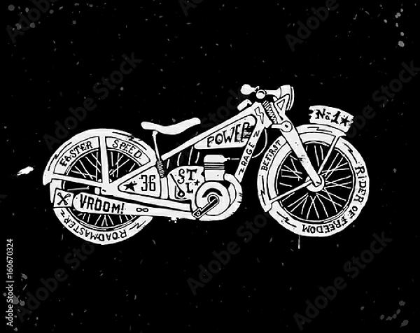 Постер Силуэт старинного мотоцикла, заполненный текстом с типом исполнения На холсте без рамы
