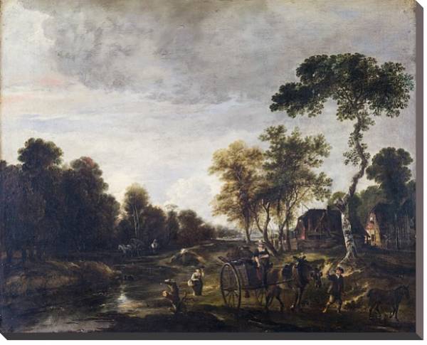 Постер Вечерний пейзаж с лошадью и каретой на берегу ручья с типом исполнения На холсте без рамы