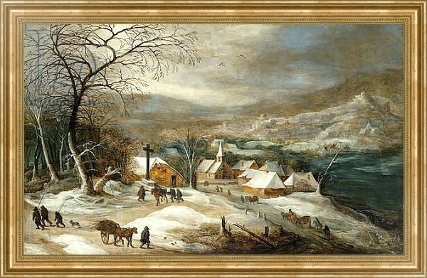 Постер A Winter Landscape, with Figures on a Road by a Village, с типом исполнения На холсте в раме в багетной раме NA033.1.051