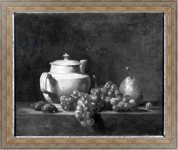 Постер White Teapot with Two Chestnuts, White Grapes and a Pear с типом исполнения На холсте в раме в багетной раме 484.M48.310