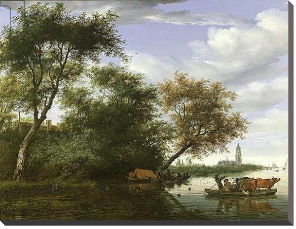 Постер Wooded river landscape with figures and cattle on a ferryboat с типом исполнения На холсте без рамы