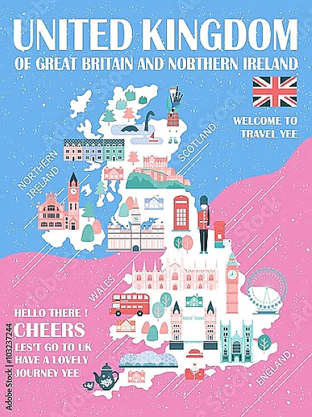 Постер Соединенное Королевство, карта путешествий 2 с типом исполнения На холсте без рамы