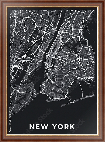 Постер Темная карта Нью-Йорка с типом исполнения На холсте в раме в багетной раме 35-M719P-83