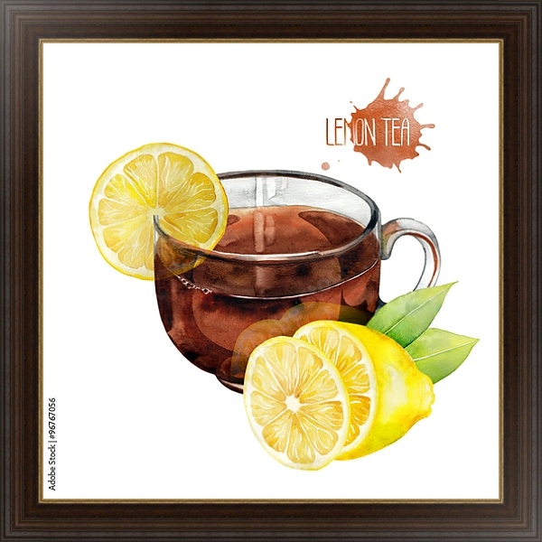 Постер Акварельная чашка чая с лимоном с типом исполнения На холсте в раме в багетной раме 1.023.151