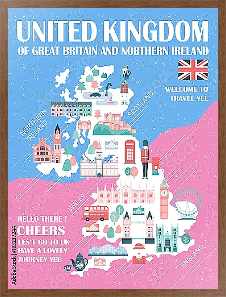 Постер Соединенное Королевство, карта путешествий 2 с типом исполнения На холсте в раме в багетной раме 1727.4310