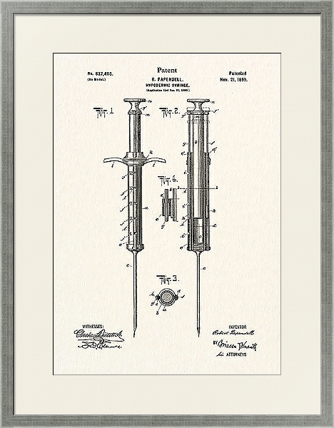 Постер Патент на шприц для подкожных инъекций, 1899г с типом исполнения Под стеклом в багетной раме 1727.2510