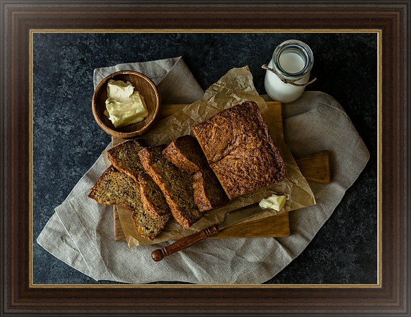 Постер Свежий хлеб, молоко и масло с типом исполнения На холсте в раме в багетной раме 1.023.151