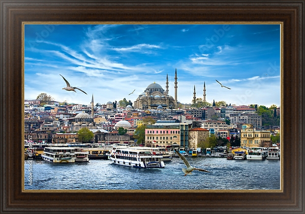 Постер Турция, Стамбул. Вид на набережную с типом исполнения На холсте в раме в багетной раме 1.023.151
