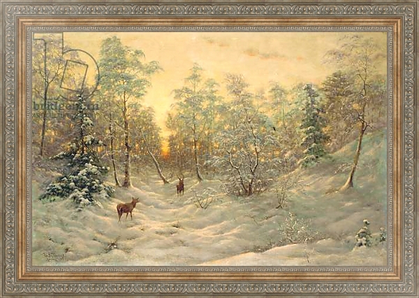 Постер Deer in a snowy landscape at dusk с типом исполнения На холсте в раме в багетной раме 484.M48.310