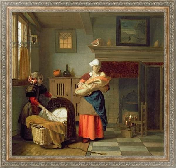 Постер Nursemaid with baby in an interior and a young girl preparing the cradle с типом исполнения На холсте в раме в багетной раме 484.M48.310