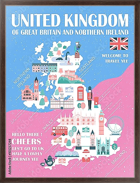 Постер Соединенное Королевство, карта путешествий 2 с типом исполнения На холсте в раме в багетной раме 221-02