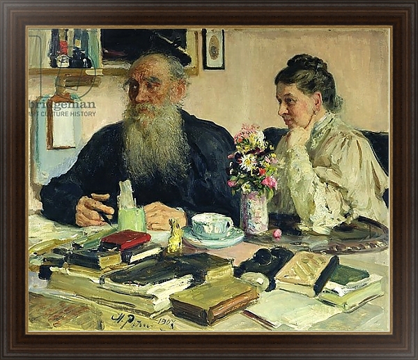 Постер Leo Tolstoy with his wife in Yasnaya Polyana, 1907 с типом исполнения На холсте в раме в багетной раме 1.023.151
