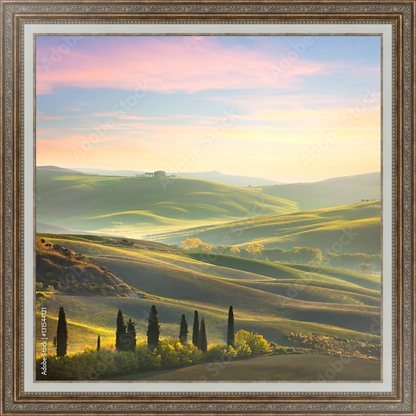 Постер Уникальный пейзаж Тосканы на рассвете с типом исполнения На холсте в раме в багетной раме 595.M52.330