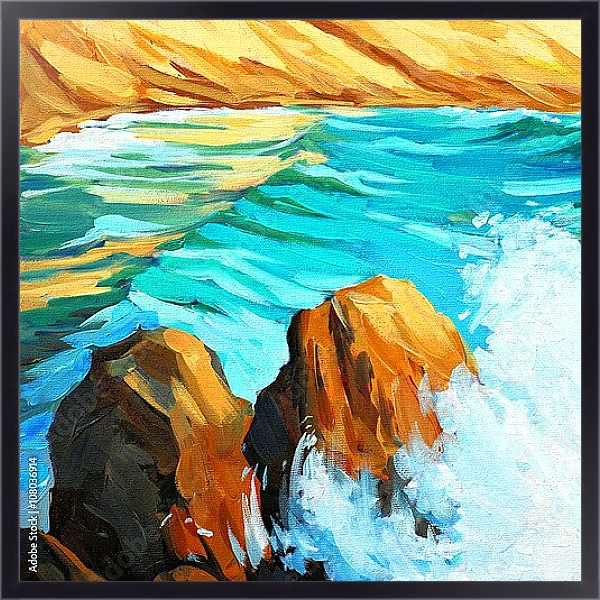 Постер Морской пейзаж с волнами и скалами  с типом исполнения На холсте в раме в багетной раме 221-01