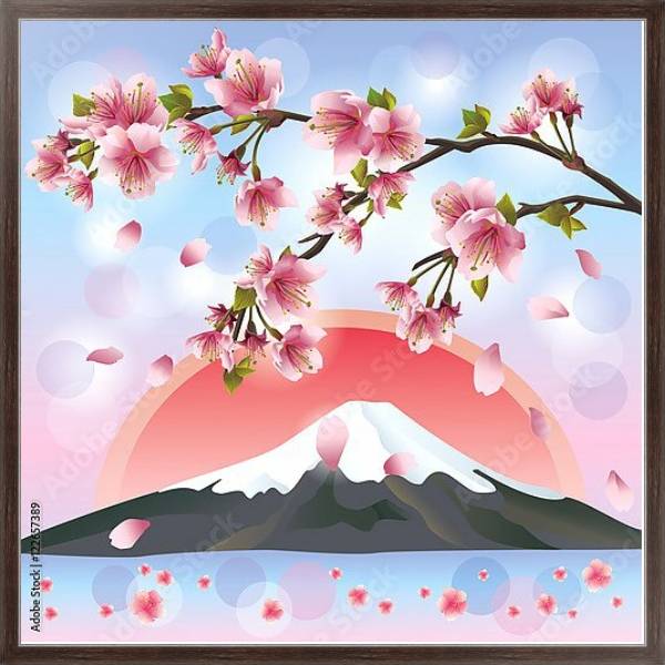 Постер Японский пейзаж с горами и сакурой с типом исполнения На холсте в раме в багетной раме 221-02