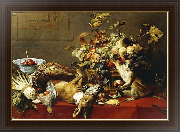 Постер A Basket of Fruit on a Draped Table with Dead Game and a Monkey, с типом исполнения На холсте в раме в багетной раме 1.023.151