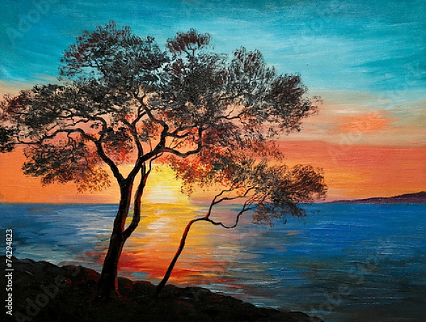 Постер Дерево возле озера на закате с типом исполнения На холсте без рамы