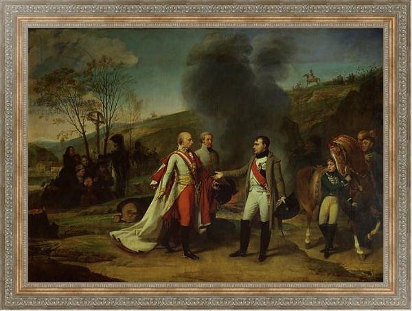 Постер Meeting between Napoleon I and Francis I after the Battle of Austerlitz, 4th December 1805 с типом исполнения На холсте в раме в багетной раме 484.M48.310