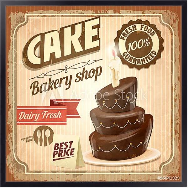 Постер Ретро плакат с шоколадным тортом с типом исполнения На холсте в раме в багетной раме 221-01