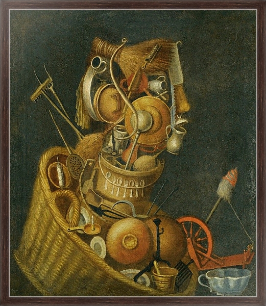 Постер An Anthropomorphic Still Life With Pots, Pans, Cutlery, A Loom And Tools с типом исполнения На холсте в раме в багетной раме 221-02