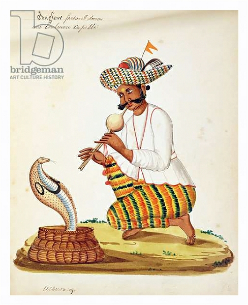 Постер An Indian Snake Charmer with a Cobra, from a French album of drawings с типом исполнения На холсте в раме в багетной раме 221-03