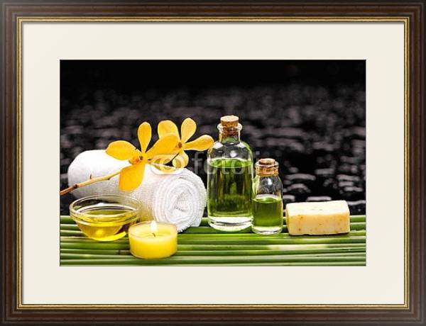 Постер Натюрморт c маслом, орхидеями и полотенцем с типом исполнения Под стеклом в багетной раме 1.023.036