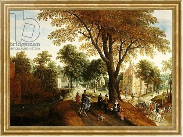 Постер Elegant Horsemen and figures on a path in front of a chateau с типом исполнения На холсте в раме в багетной раме NA033.1.051