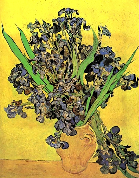 Постер Натюрморт: ваза и ирисами на желтом фоне с типом исполнения На холсте без рамы