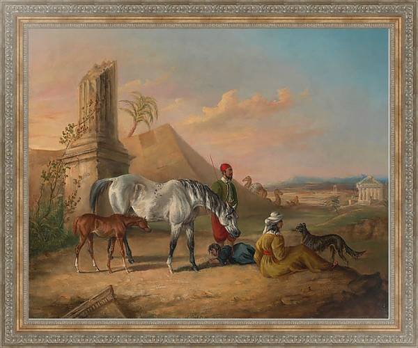 Постер Серая арабская кобыла и жеребенок с семьей с типом исполнения На холсте в раме в багетной раме 484.M48.310