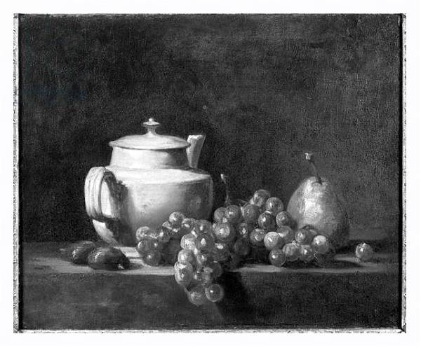 Постер White Teapot with Two Chestnuts, White Grapes and a Pear с типом исполнения На холсте в раме в багетной раме 221-03