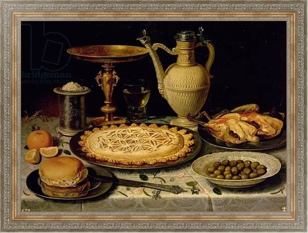 Постер Still life with a tart, roast chicken, bread, rice and olives с типом исполнения На холсте в раме в багетной раме 484.M48.310