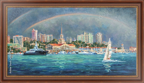 Постер Двойная радуга. Архитектурный пейзаж любимого города Сочи с типом исполнения На холсте в раме в багетной раме 35-M719P-83