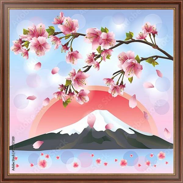Постер Японский пейзаж с горами и сакурой с типом исполнения На холсте в раме в багетной раме 35-M719P-83