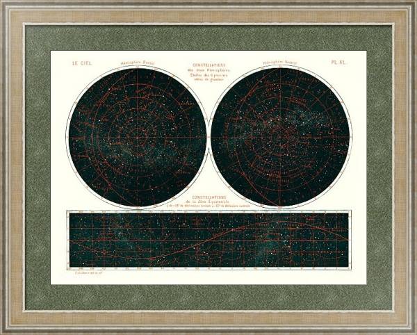 Постер Созвездия двух полушарий (1877) из книги Гийемена, Амеде (1826-1893), небесная карта двух полушарий в ночном небе. с типом исполнения Акварель в раме в багетной раме 485.M40.584