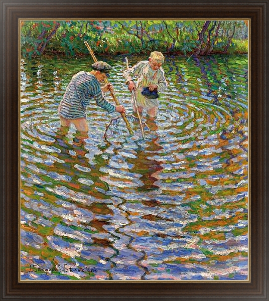 Постер Young Boys Fishing for Crayfish, с типом исполнения На холсте в раме в багетной раме 1.023.151