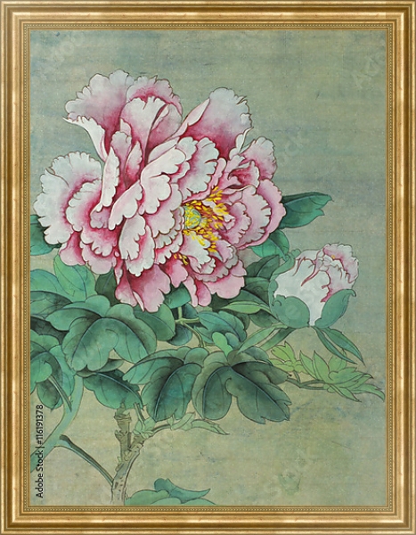 Постер Нежно-розовый цветок пиона с бутоном  с типом исполнения На холсте в раме в багетной раме NA033.1.051