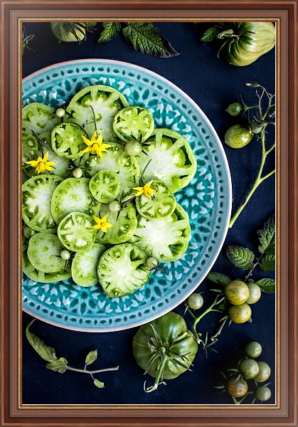 Постер Тарелка зеленых томатов с типом исполнения На холсте в раме в багетной раме 35-M719P-83
