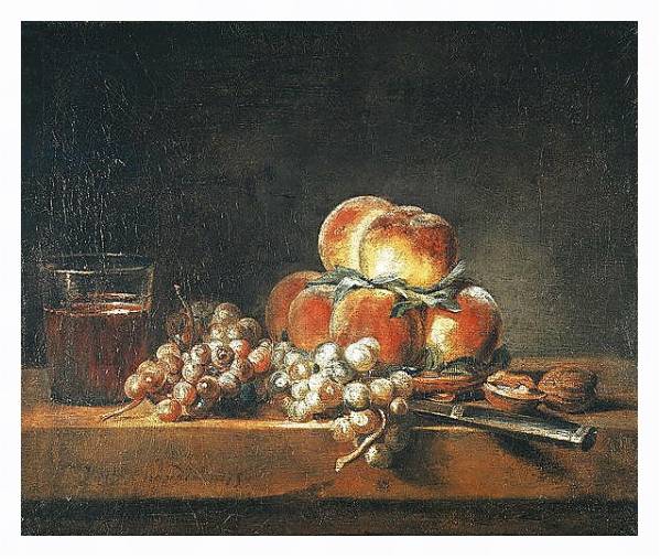 Постер Still Life of Peaches, Nuts, Grapes and a Glass of Wine, 1758 с типом исполнения На холсте в раме в багетной раме 221-03