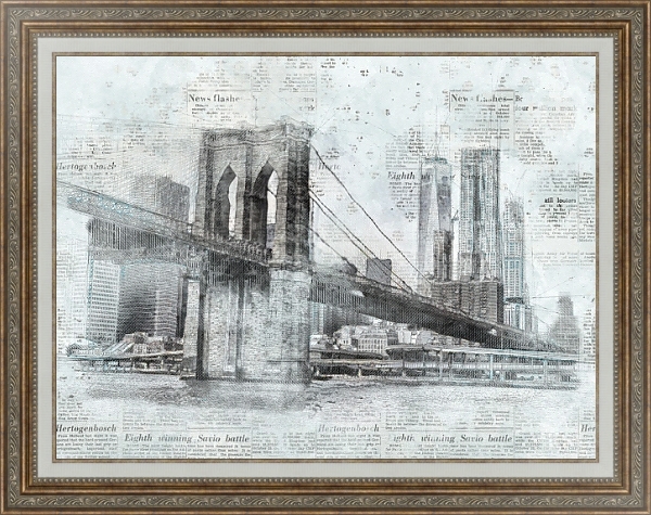 Постер Нью-Йоркский мост и газетные статьи с типом исполнения На холсте в раме в багетной раме 595.M52.330