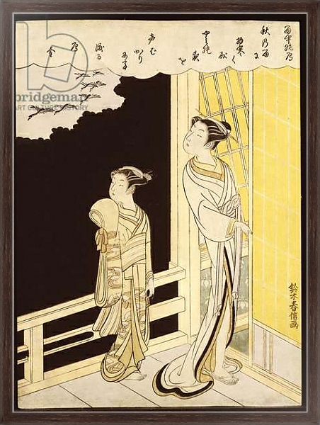 Постер A courtesan and her kamuro on a verandah watching flying geese in the rain с типом исполнения На холсте в раме в багетной раме 221-02