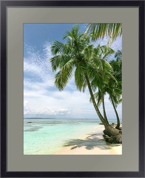 Постер Белый пляж с пальмами с типом исполнения Под стеклом в багетной раме 221-01
