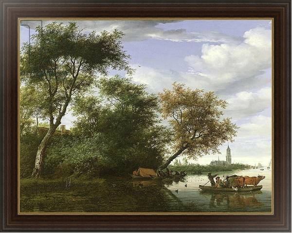 Постер Wooded river landscape with figures and cattle on a ferryboat с типом исполнения На холсте в раме в багетной раме 1.023.151