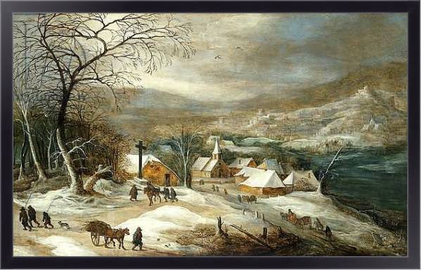Постер A Winter Landscape, with Figures on a Road by a Village, с типом исполнения На холсте в раме в багетной раме 221-01