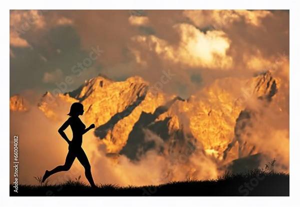 Постер Силуэт бегущего человека на фоне гор с типом исполнения На холсте в раме в багетной раме 221-03