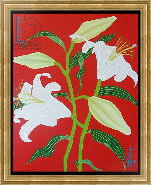 Постер White lily on a red background no.1, 2008, oil on canvas с типом исполнения На холсте в раме в багетной раме NA033.1.051