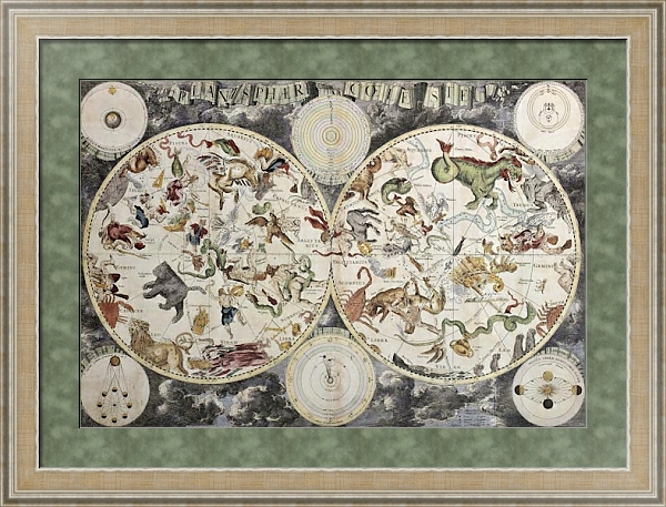 Постер Boreal and austral hemispheres with constellations and zodiac signs. Created by Frederick De Wit, Am с типом исполнения Акварель в раме в багетной раме 485.M40.584