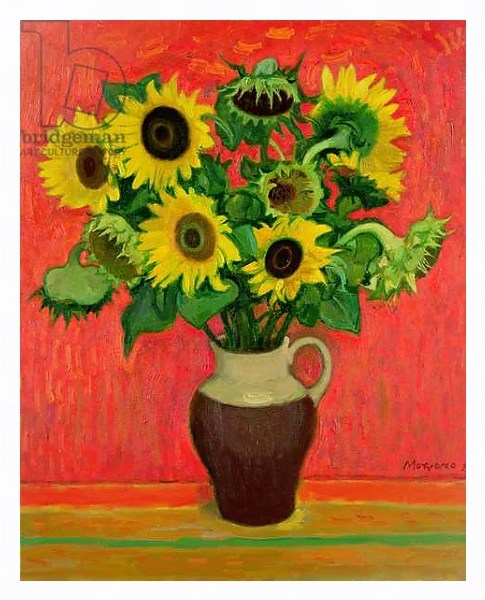 Постер Sunflowers on a Red Background с типом исполнения На холсте в раме в багетной раме 221-03