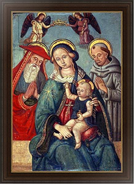 Постер Madonna and Child being crowned by two Angels, with St. Jerome and St. Francis, c.1500 с типом исполнения На холсте в раме в багетной раме 1.023.151